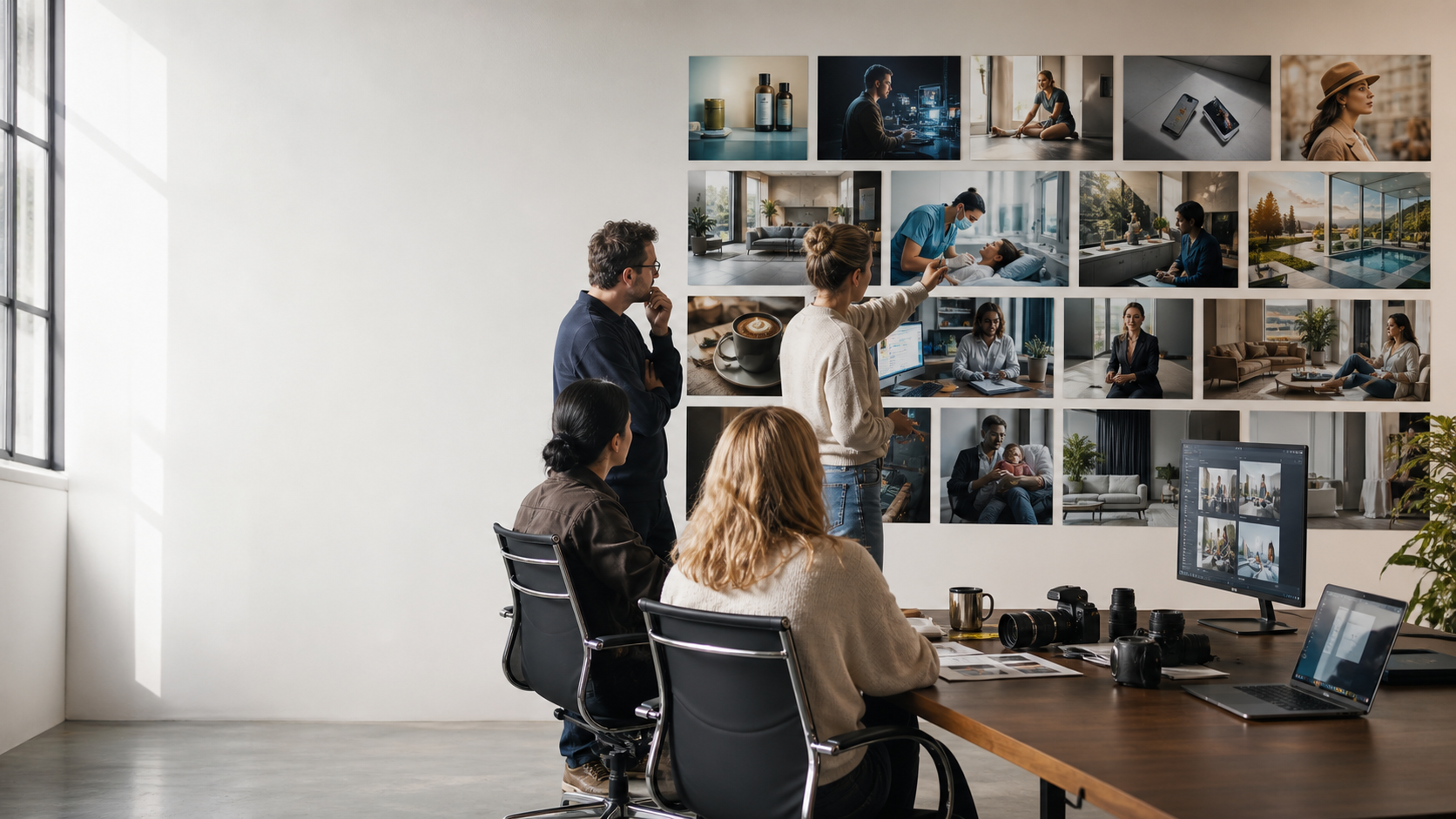 A creative business team reviewing a curated wall of realistic campaign images in a bright studio.